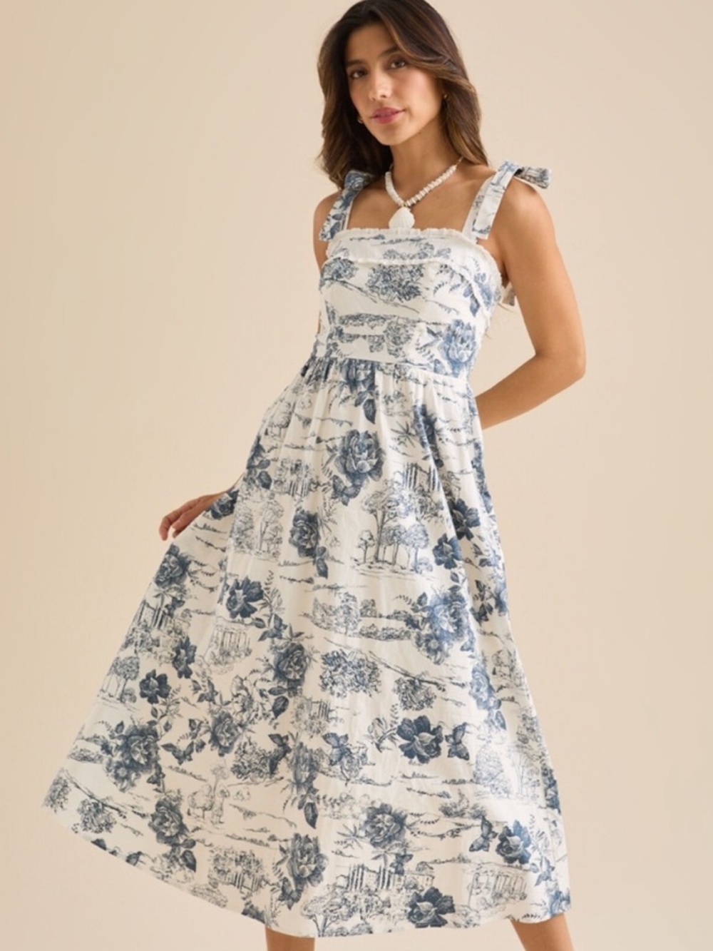 Altar'd State Cream and Blue Toile Tie-Shoulder Midi Dress
